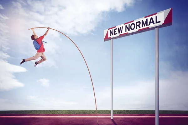 Männlicher Student Beim Stabhochsprung Mit New Normal Text Auf Der — Stockfoto