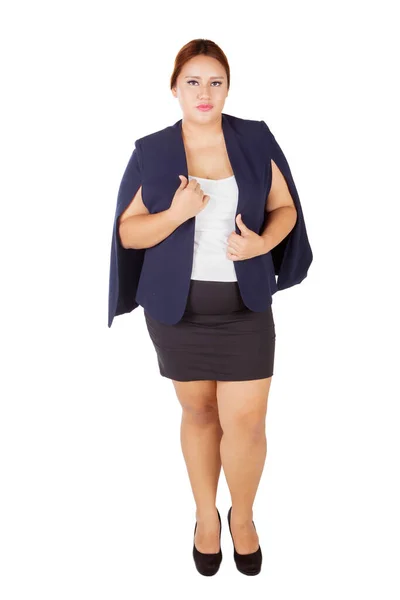Blondynka Tłuszczu Businesswoman Wygląda Pewnie Stojąc Studio Odizolowany Białym Tle — Zdjęcie stockowe