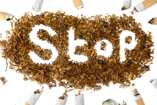 Vista Superior Tabaco Seco Forma Una Palabra Parada Con Cigarrillos — Foto de Stock