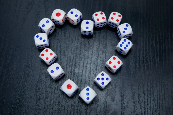 Top View Gaming Dice Organized Heart Symbol Wooden Table — Stock Photo, Image