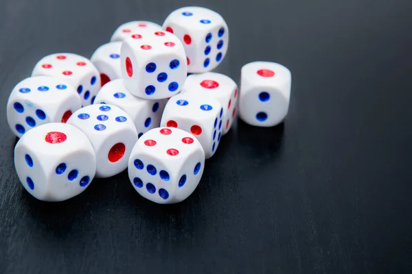 Close Many White Dices Wooden Table Gambling Game — Stock Photo, Image