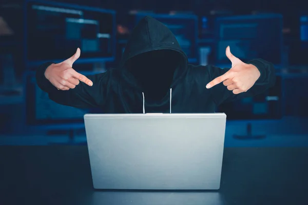 Unknown Hacker Pointing Laptop Computer Two Hands Coding Background — Stock Photo, Image