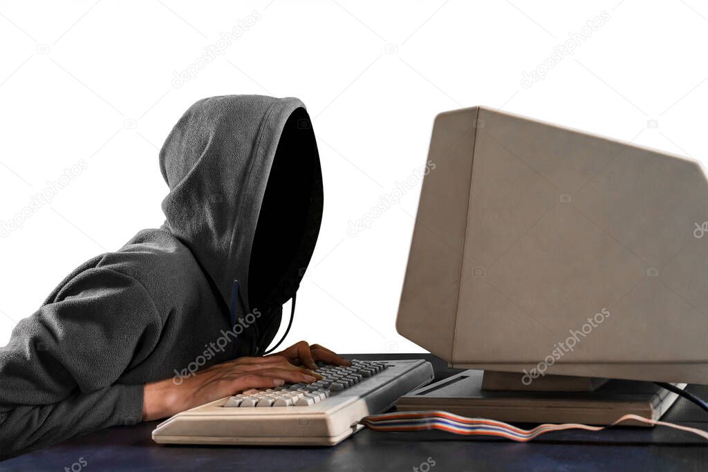 Unknown hacker stealing information from old computer, isolated on white background