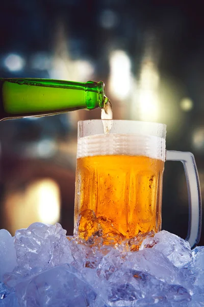 Close Cold Beer Pouring Glass Stack Ice Cubes Blurred Lights — Stock Photo, Image