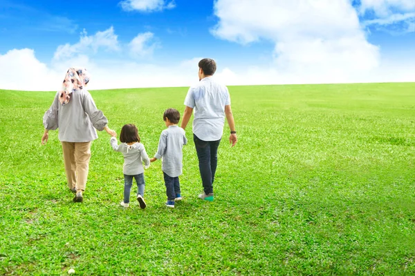 Visão Traseira Família Feliz Andando Juntos Enquanto Segurando Mãos Campo — Fotografia de Stock