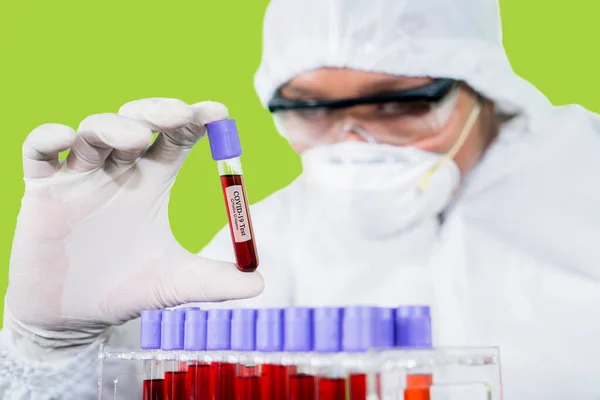 Medical Worker Hands Wear Gloves While Holding Infected Blood Sample — Stock Photo, Image