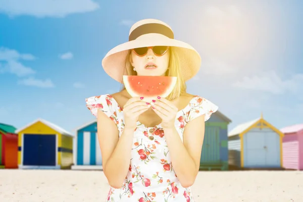 Pretty Caucasian Young Woman Holding Watermelon While Wearing Sunglasses Hat — Stock Photo, Image