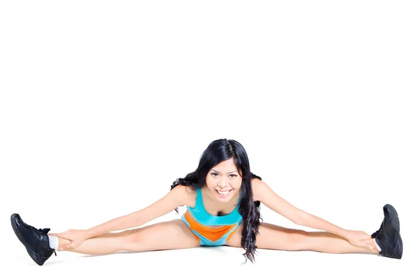 Beautiful Woman Smiling Camera While Stretching Her Hamstring Studio Isolated — Stock Photo, Image