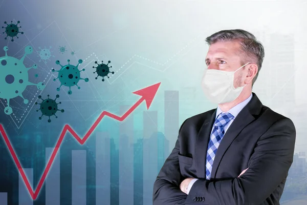Confident Businessman Wearing Face Mask While Standing Growth Business Chart — Stock Photo, Image