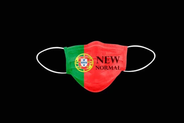 Nieuwe Normale Tekst Gezichtsmasker Met Vlag Van Portugal Geïsoleerd Zwarte — Stockfoto