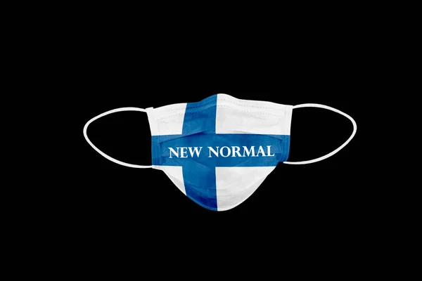 Nový Normální Text Lékařské Ochranné Masce Vlajkou Finska Izolovaný Černém — Stock fotografie