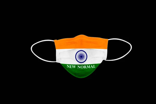 New Normal Text Medical Protective Mask Flag India Isolated Black — Stock Photo, Image