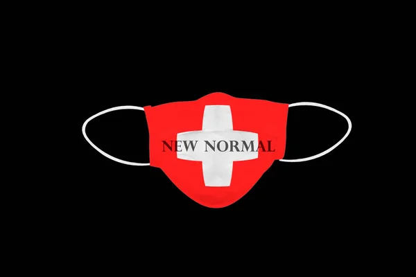 Nový Normální Text Lékařské Ochranné Masce Vlajkou Švýcarska Izolovaný Černém — Stock fotografie