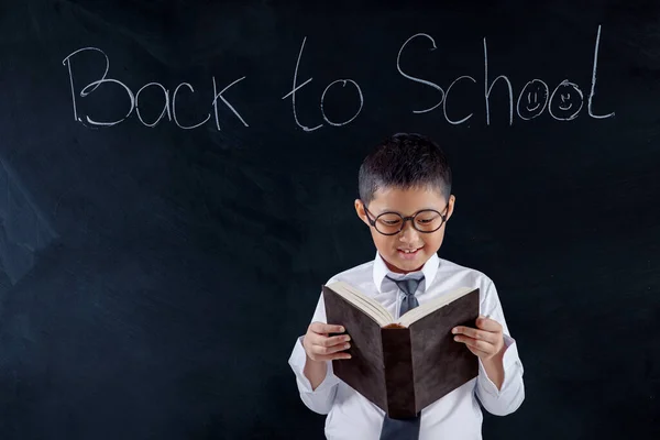 聪明的男生一边阅读课本 一边站在黑板上背对着学校 在教室里中弹 — 图库照片
