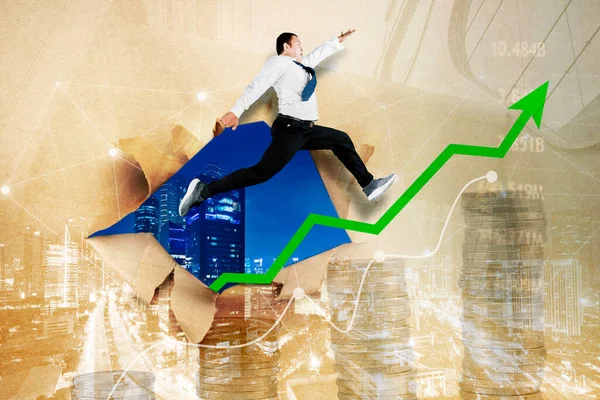 Double Exposure Happy Businessman Jumping Upward Arrow Torn Paper Modern — Stock Photo, Image