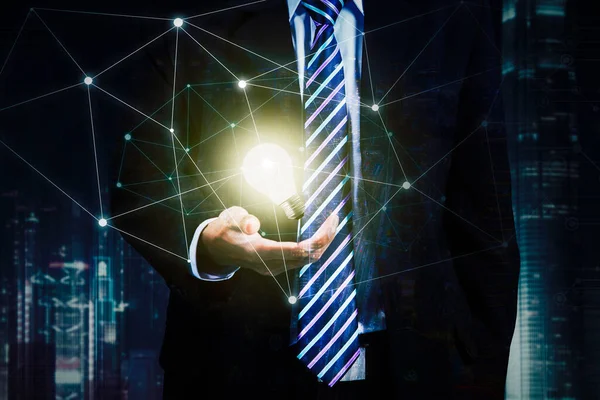 Double Exposure Male Manager Holding Bright Bulb Network Connection Blurred — Stock Photo, Image
