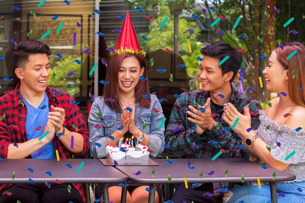 Group Happy People Clapping Hands Singing Together While Celebrating Birthday — Stock Photo, Image