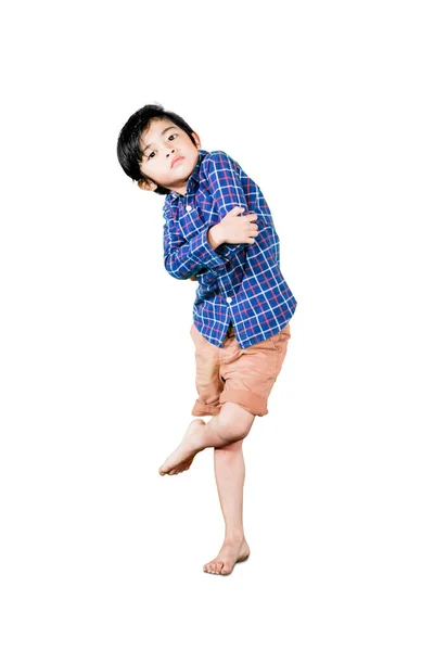 Retrato Menino Bonito Mostrando Movimento Dança Freestyle Estúdio Isolado Sobre — Fotografia de Stock