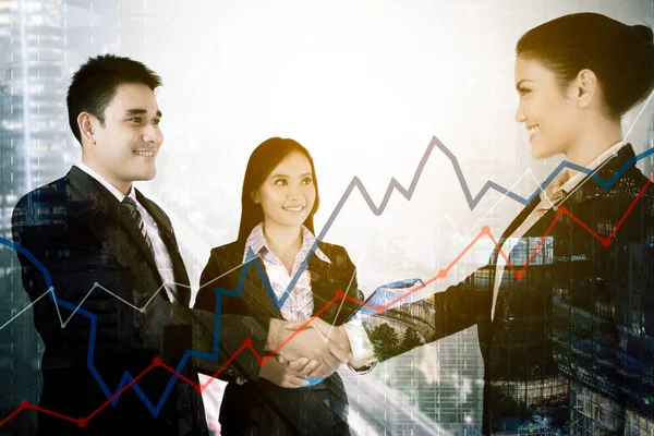 Three Business People Shaking Hands Sign Agreement Double Exposure Growth — Stock Photo, Image