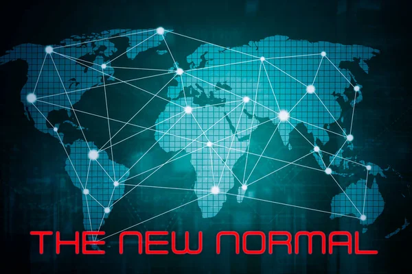 Zbliż Mapę Świata Kropkami Połączonymi Liniami Tekstem Nowej Normalności Koncepcja — Zdjęcie stockowe