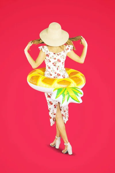 Rear View Young Blonde Woman Walking Inflatable Float Studio Red — Stock Photo, Image