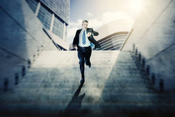 Caucasian Businessman Checking His Watch While Running Stair Skyscrapers Background — Stock Photo, Image