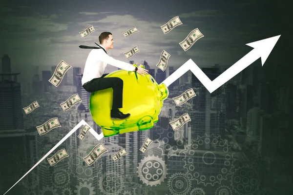 Caucasian Businessman Riding Piggy Bank While Flying Banknotes Upward Arrow — Stock Photo, Image