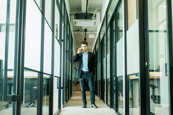 Caucasian Businessman Makes Calling Phone While Standing Office Corridor — Stock Photo, Image