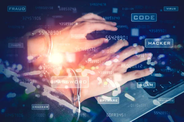 Doppelte Belichtung Von Hacker Händen Handschellen Mit Einem Computer Laptop — Stockfoto