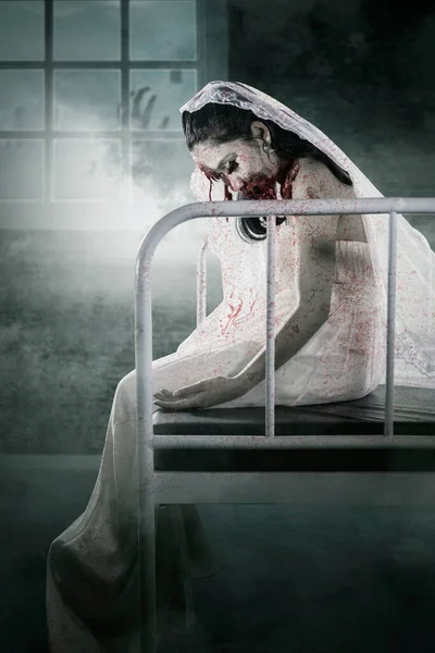 Halloween Horror Concept Horrible Female Bride Ghost Wounded Face Sitting — Stock Photo, Image