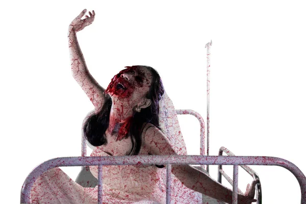 Concepto Horror Halloween Horrible Novia Femenina Con Cara Herida Sentada — Foto de Stock