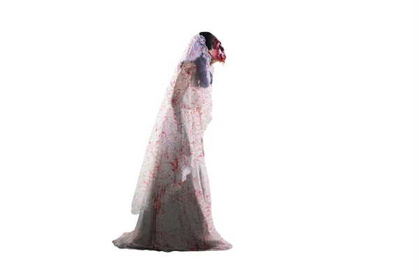 Concetto Horror Halloween Vista Laterale Sposa Femmina Spettrale Con Volto — Foto Stock