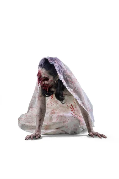 Halloween Horror Concept Spooky Female Bride Wounded Face Crawling Studio — Stock Photo, Image