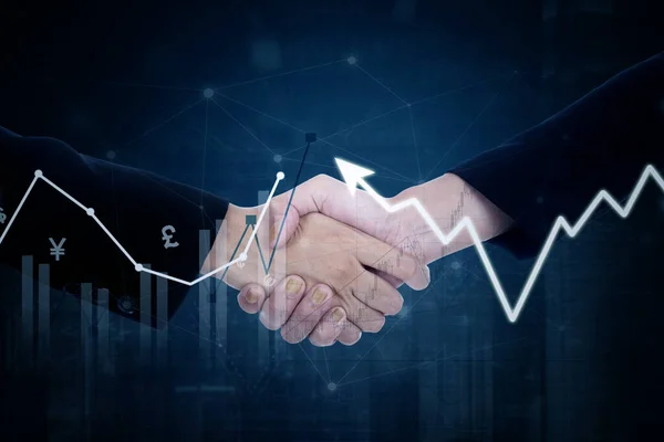 Double Exposure Two Business People Shaking Hands Upward Arrow Cityscape — Stock Photo, Image