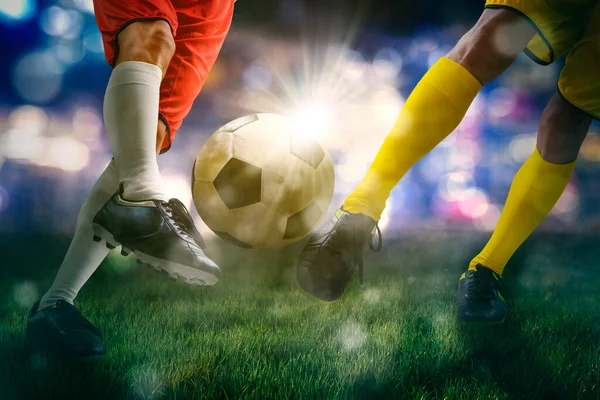 Close Two Footballer Foot Playing Ball Match Game Stadium Blurred — Stock Photo, Image