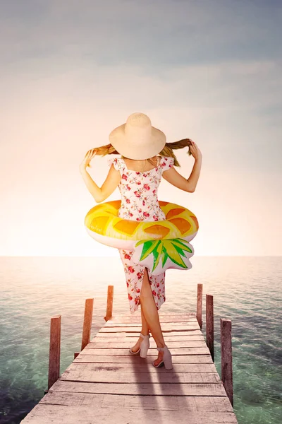 Rear View Young Blonde Woman Walking Inflatable Float Dock Bridge — Stock Photo, Image