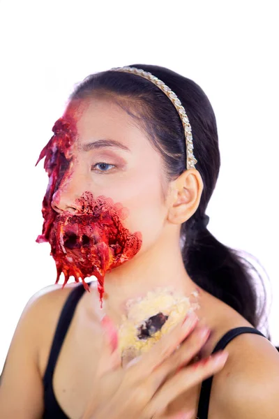 Halloween Day Concept Young Woman Fake Wound Makeup Her Face — Stock Photo, Image