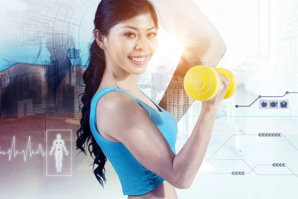 Double Exposure Young Woman Exercising Dumbbells While Standing Modern City — Stock Photo, Image