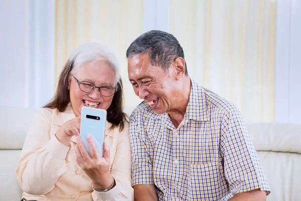 Happy old couple doing video call with their grandchild on a mobile phone while sitting together in the living room. Shot at home