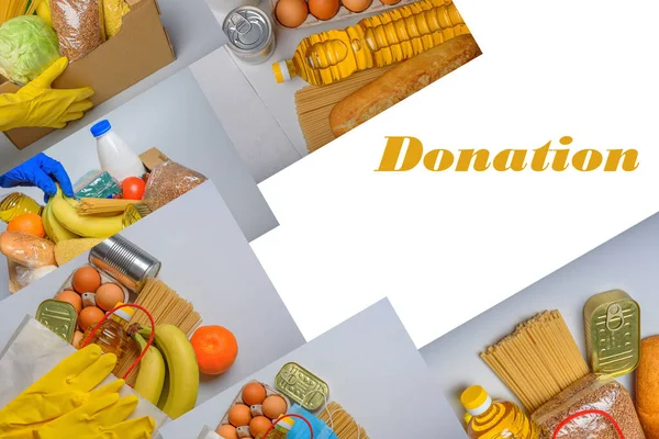 Collage Fotos Con Donaciones Para Personas Pobres Con Diversos Alimentos — Foto de Stock