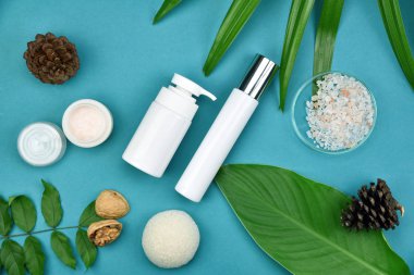 Yeşil Bitkisel Kozmetik şişe kaplarda bırakır arka plan, marka mock-up, doğal organik Cilt Bakımı Güzellik ürün kavramı için boş etiket.