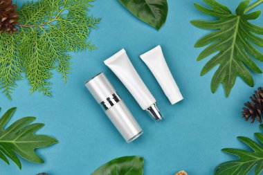 Yeşil Bitkisel Kozmetik şişe kaplarda bırakır arka plan, marka mock-up, doğal organik Cilt Bakımı Güzellik ürün kavramı için boş etiket.