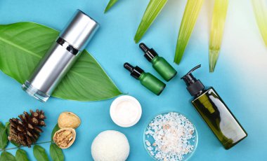 Yeşil Bitkisel Kozmetik şişe kaplarda bırakır arka plan, marka mock-up, doğal organik Cilt Bakımı Güzellik ürün kavramı için boş etiket.