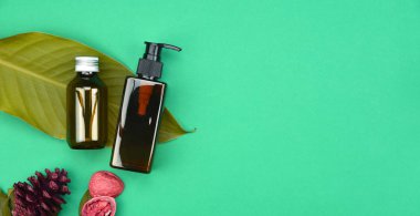 Yeşil Bitkisel Kozmetik şişe kaplarda bırakır arka plan, marka mock-up, doğal organik Cilt Bakımı Güzellik ürün kavramı için boş etiket.