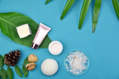 Yeşil Bitkisel Kozmetik şişe kaplarda bırakır arka plan, marka mock-up, doğal organik Cilt Bakımı Güzellik ürün kavramı için boş etiket.