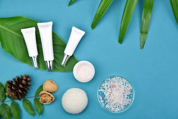 Yeşil Bitkisel Kozmetik şişe kaplarda bırakır arka plan, marka mock-up, doğal organik Cilt Bakımı Güzellik ürün kavramı için boş etiket.