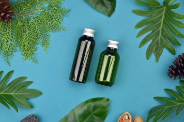 Yeşil Bitkisel Kozmetik şişe kaplarda bırakır arka plan, marka mock-up, doğal organik Cilt Bakımı Güzellik ürün kavramı için boş etiket.