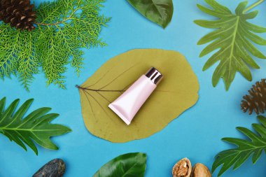 Yeşil Bitkisel Kozmetik şişe kaplarda bırakır arka plan, marka mock-up, doğal organik Cilt Bakımı Güzellik ürün kavramı için boş etiket.