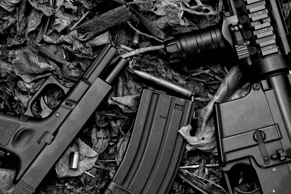 Оружие, оружие и военная техника для армии, штурмовая винтовка (M4A1) и 9-мм пистолет на фоне сухих листьев леса
.