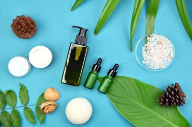 Yeşil Bitkisel Kozmetik şişe kaplarda bırakır arka plan, marka mock-up, doğal organik Cilt Bakımı Güzellik ürün kavramı için boş etiket.